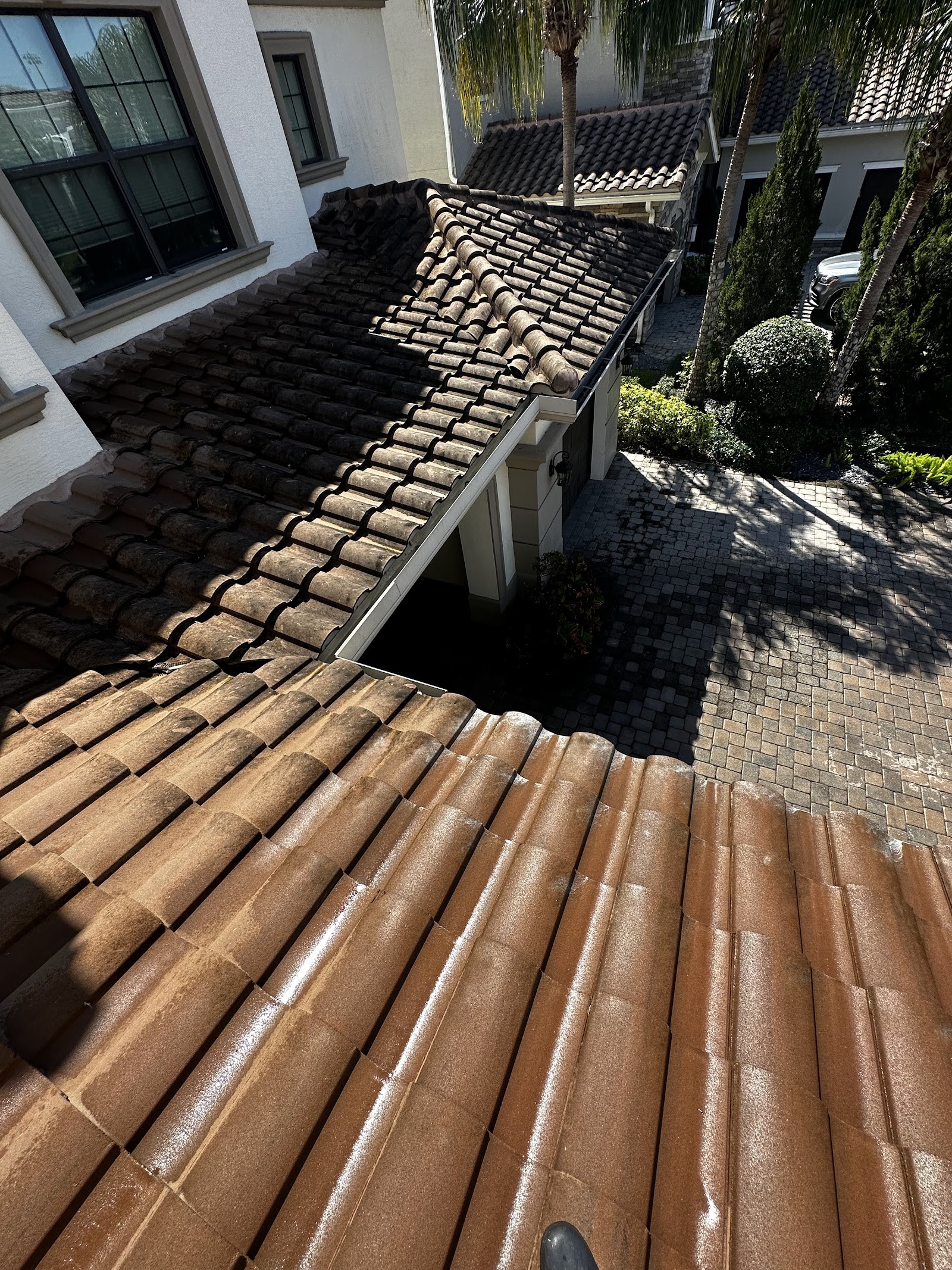 Tile roof soft wash in progress