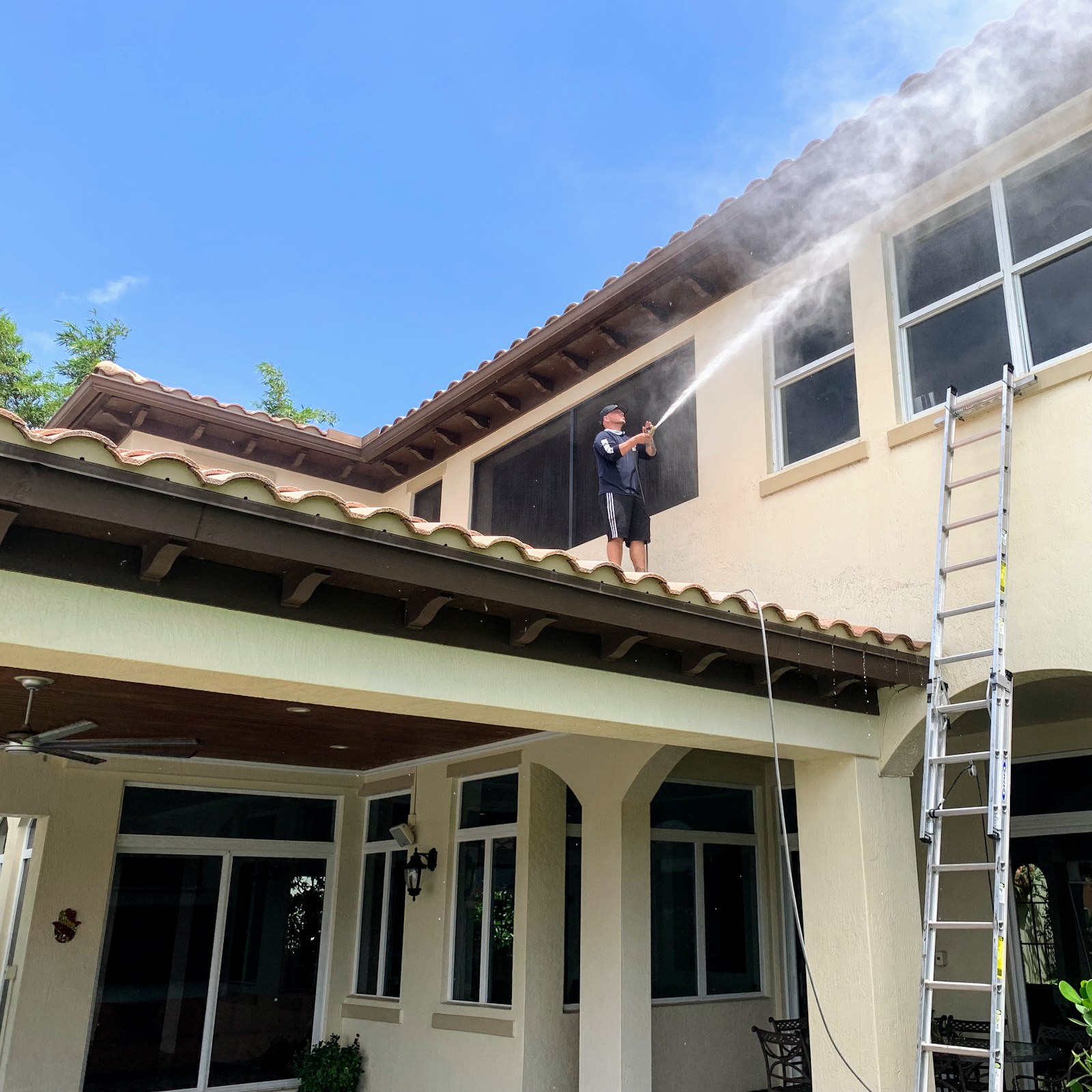 Two-story home, soft-washed from the roofline down